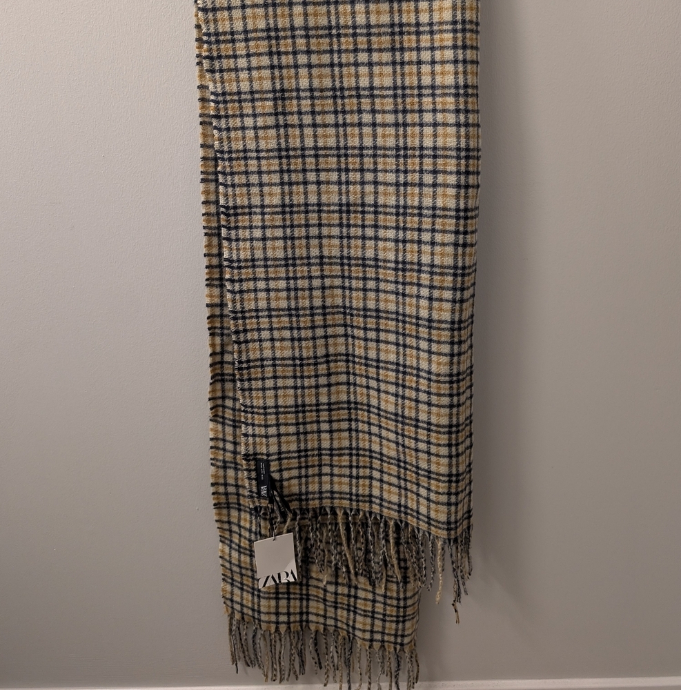 Plaid Wool Scarf in Beige and Blue